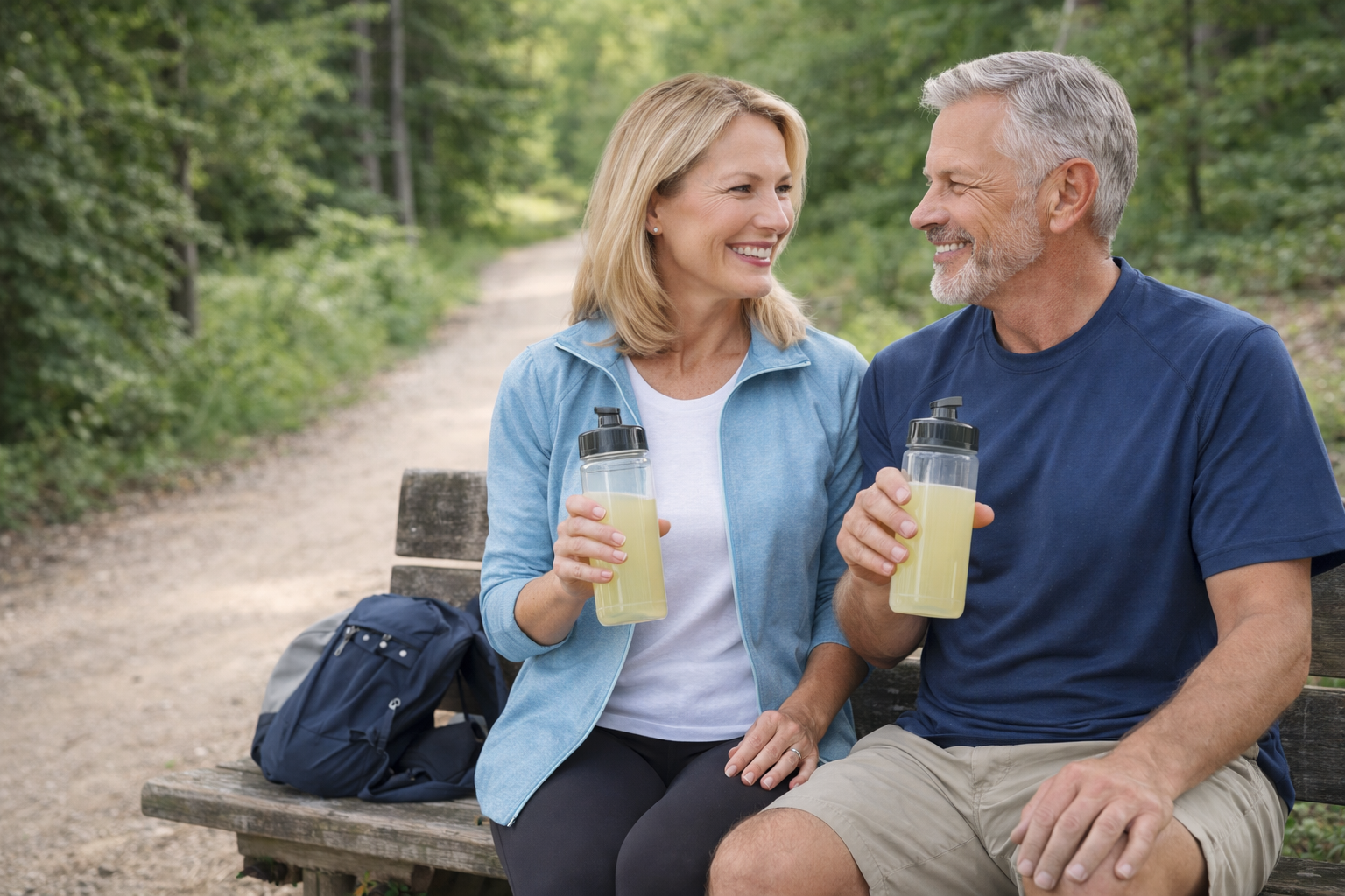 Couple enjoying ėNOS on a trailside bench